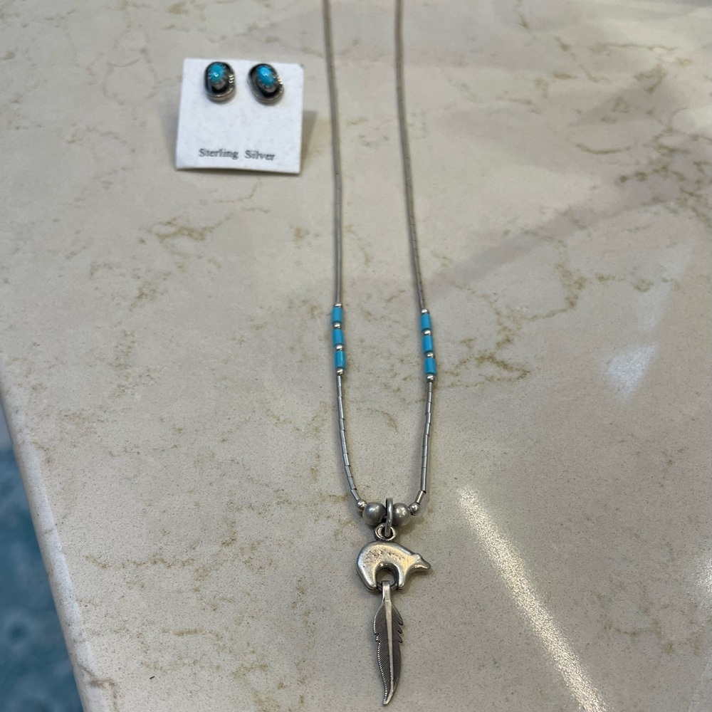 Silver Necklace and Earring Set with Turquoise Accents - Picture 2 of 4